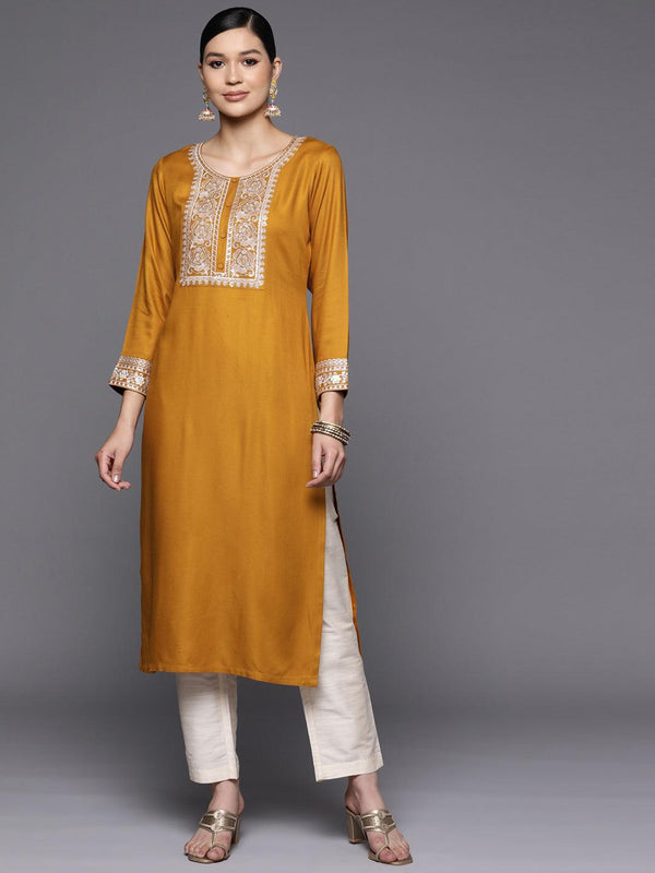 Mustard Yoke Design Wool Straight Kurta