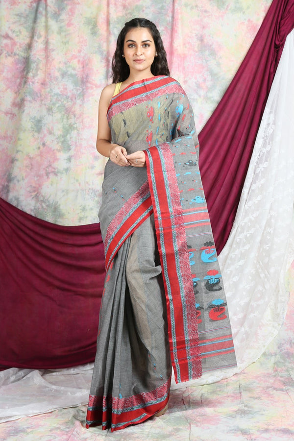 Women's Grey Handwoven Cotton Tant Saree - Arhi