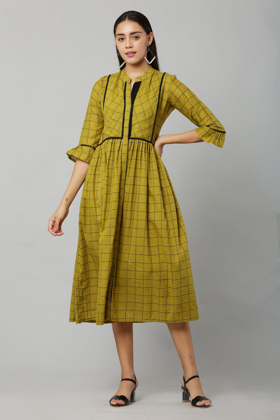 Women's Light Green Color Cotton Blend Checkered Printed A-Line Flared Dress - Vaaba