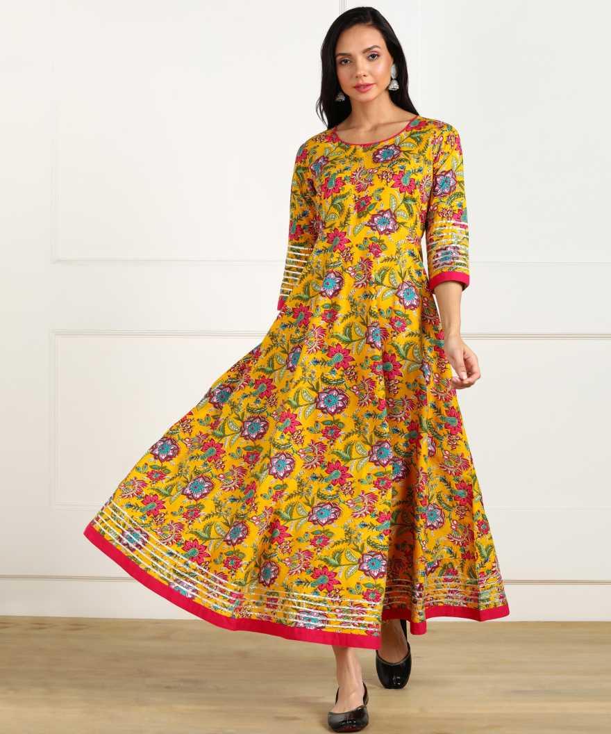 Women's Floral Print Cotton Poly Silk Stitched Anarkali Gown (Yellow) 1Pc - Noz2Toz - Indiakreations