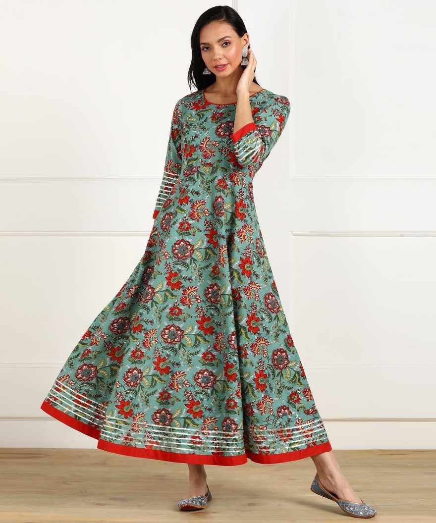 Women's Floral Print Cotton Poly Silk Stitched Anarkali Gown (Green) 1Pc - Noz2Toz - Indiakreations