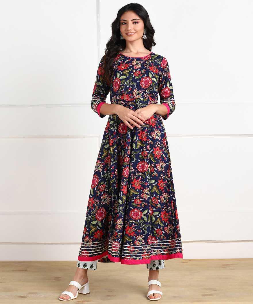 Women's Floral Print Cotton Poly Silk Stitched Anarkali Gown (Blue) 1Pc - Noz2Toz - Indiakreations