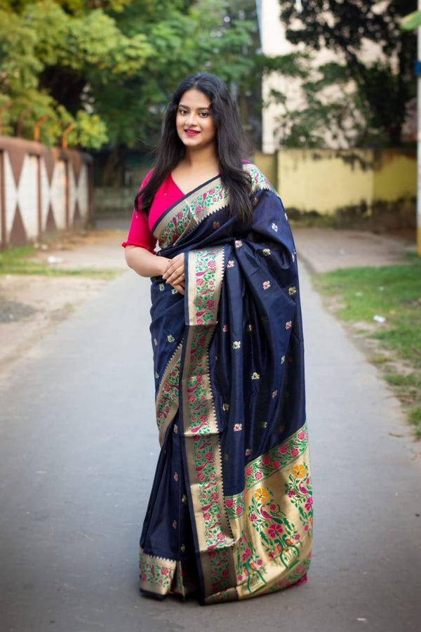 Navy Blue Banarasi Ghicha Silk Paithani Saree - Indiakreations