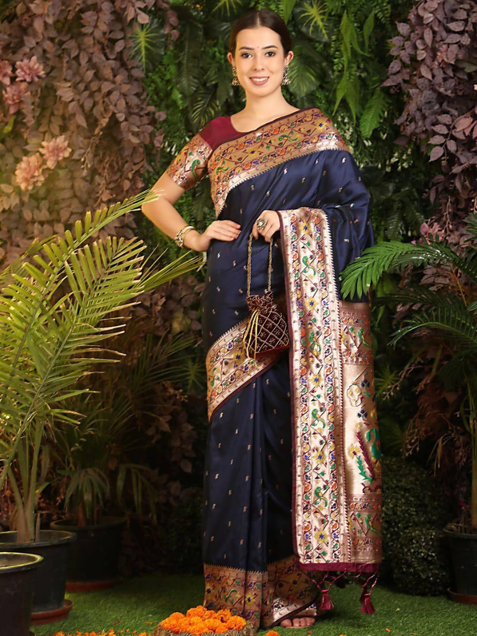 Navy Blue Banarasi Silk Paithani Saree - Indiakreations