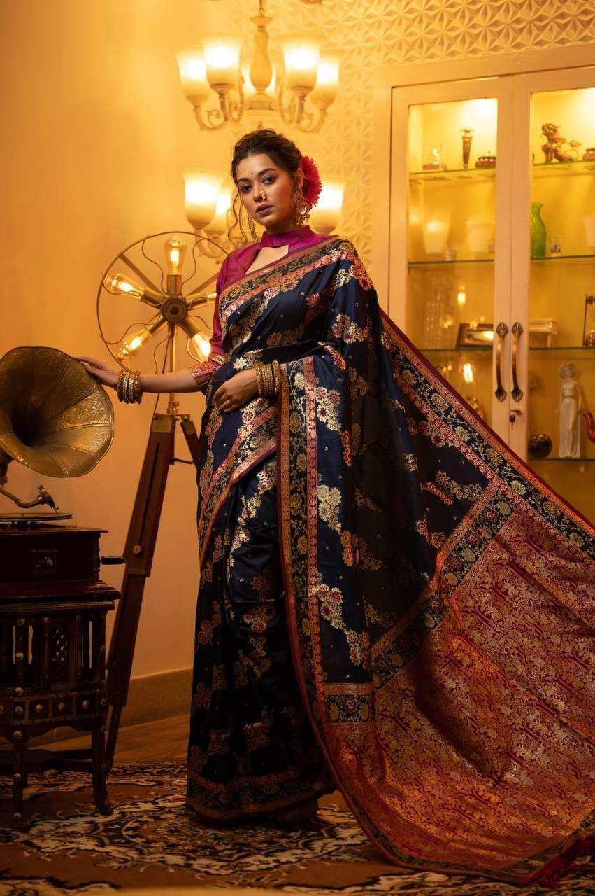 Navy Blue Banarasi Silk Saree - Indiakreations