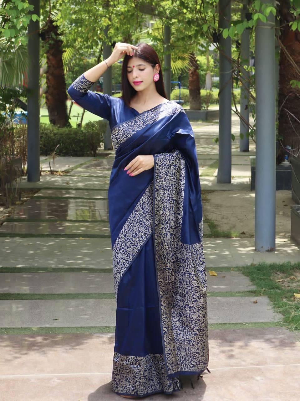 Navy Blue Banglori Handloom Raw Silk Saree - Indiakreations