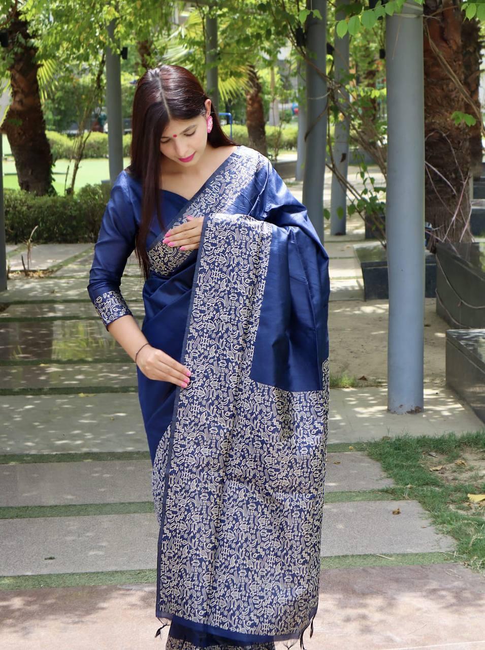 Navy Blue Banglori Handloom Raw Silk Saree - Indiakreations