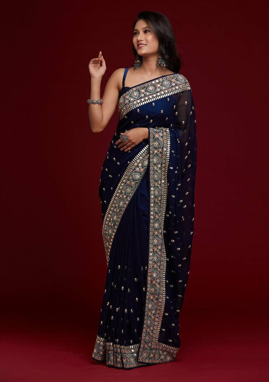 Navy Blue Floral Georgette Silk Saree - Indiakreations