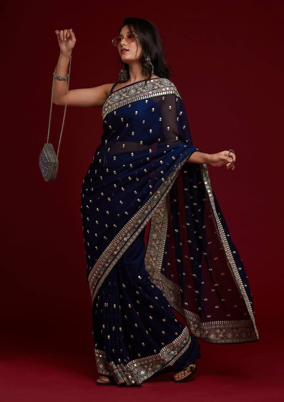 Navy Blue Floral Georgette Silk Saree - Indiakreations