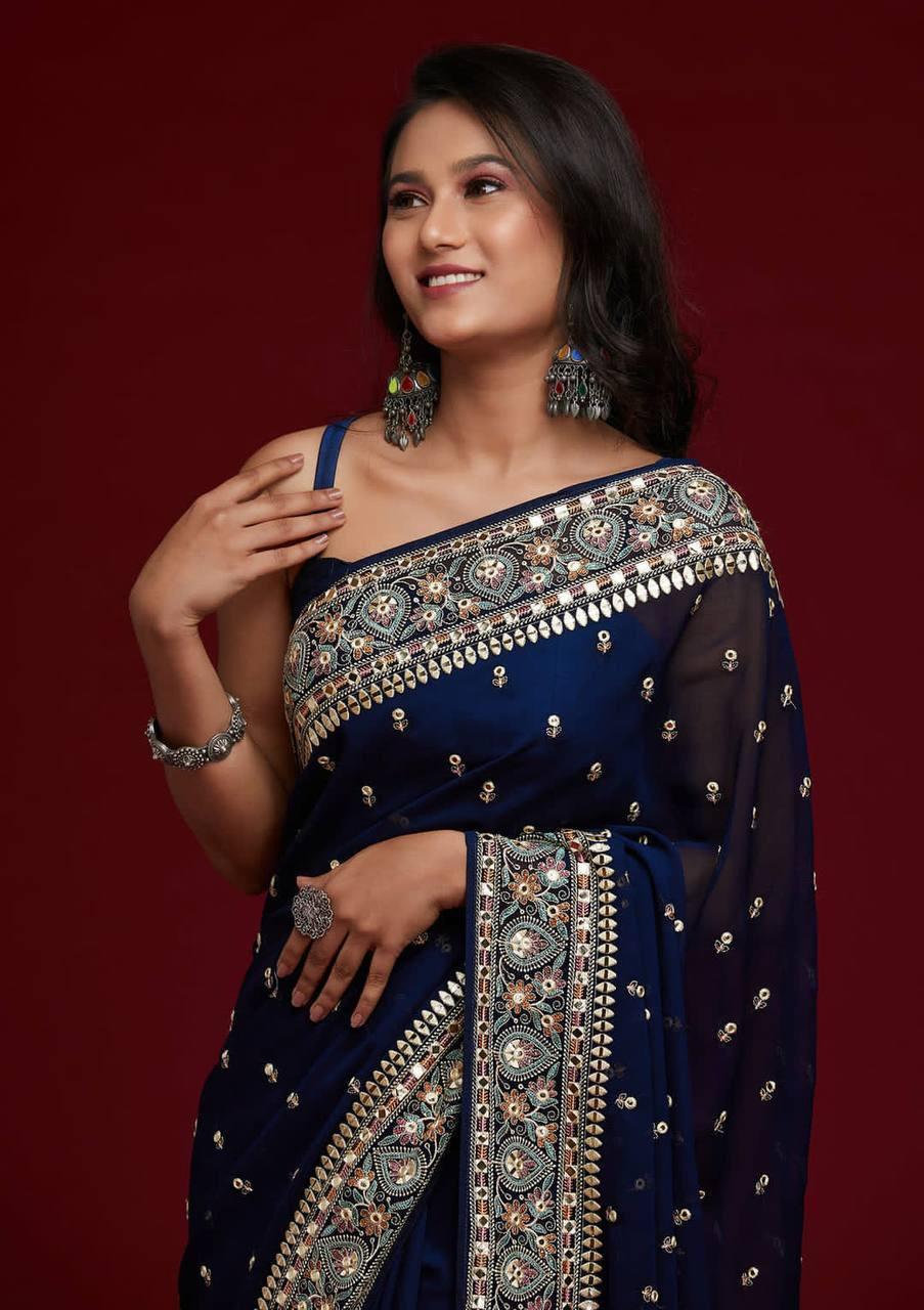 Navy Blue Floral Georgette Silk Saree - Indiakreations