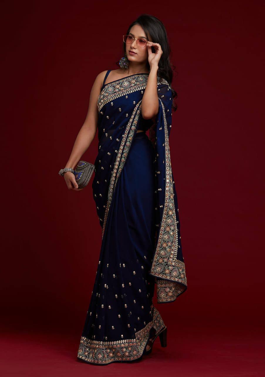 Navy Blue Floral Georgette Silk Saree - Indiakreations