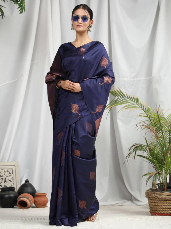 Navy Blue Leaf Soft Silk Saree - Indiakreations