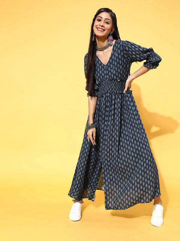 Navy Blue Printed Georgette Dress