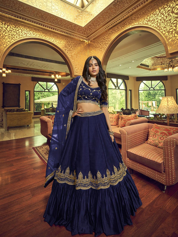 Women's Navy Blue Silk And Satin Lehenga Choli - Odette