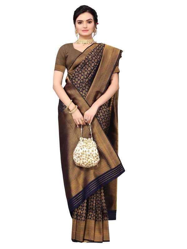 Women's Navy Blue Silk Blend Woven Saree With Blouse - Odette