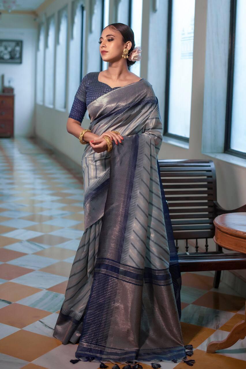 Navy Blue Stripes Semi Tussar Silk Saree - Indiakreations