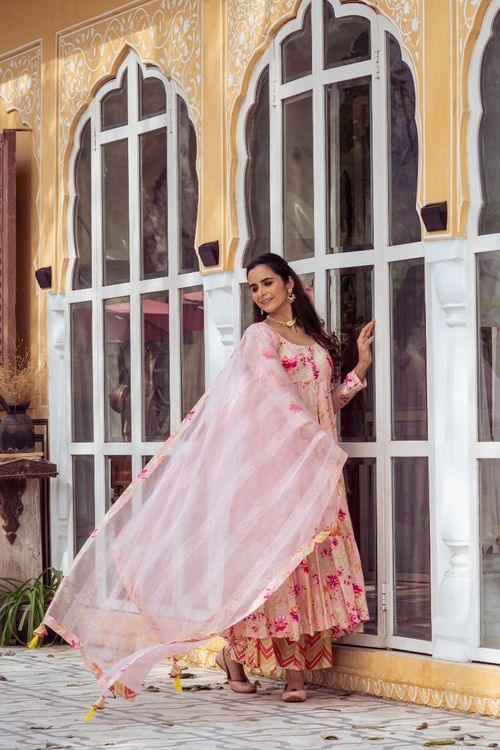 Pink Floral Anarkali Set - Indiakreations