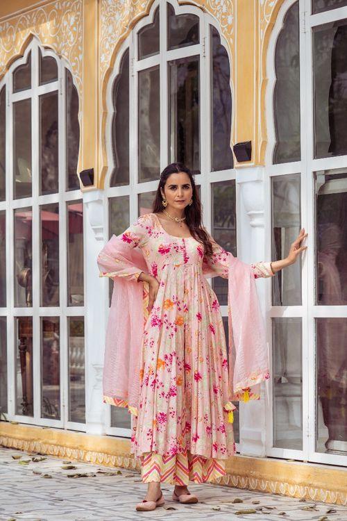 Pink Floral Anarkali Set - Indiakreations