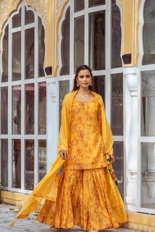 Yellow Printed Gharara Set - Indiakreations