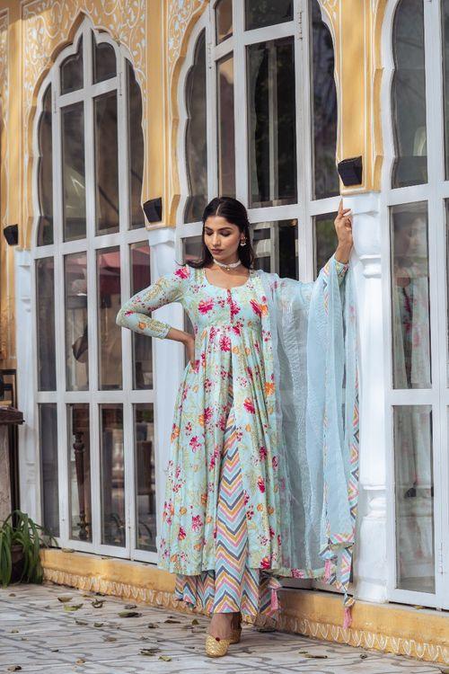 Turquoise Floral Anarkali Set - Indiakreations