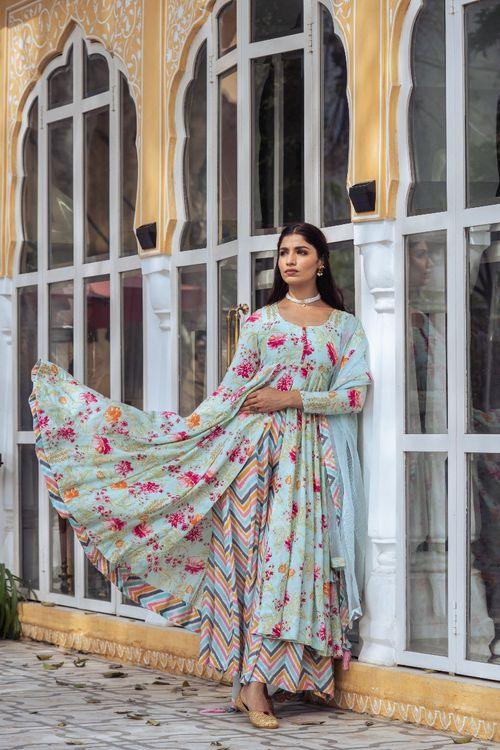 Turquoise Floral Anarkali Set - Indiakreations