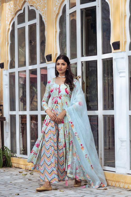 Turquoise Floral Anarkali Set - Indiakreations