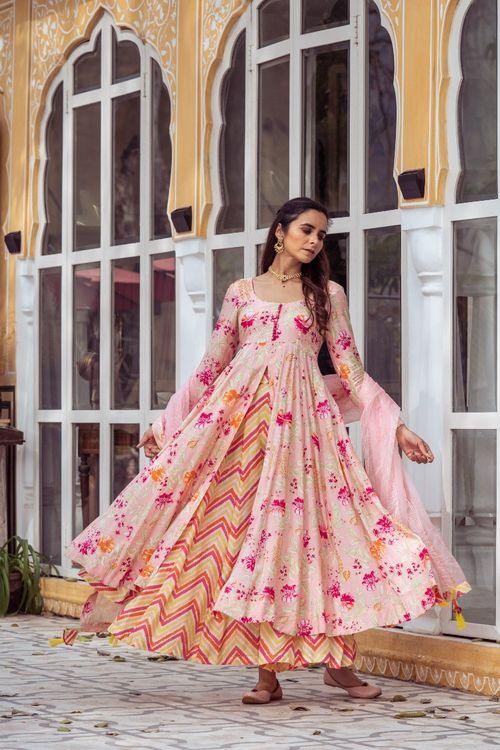 Pink Floral Anarkali Set - Indiakreations