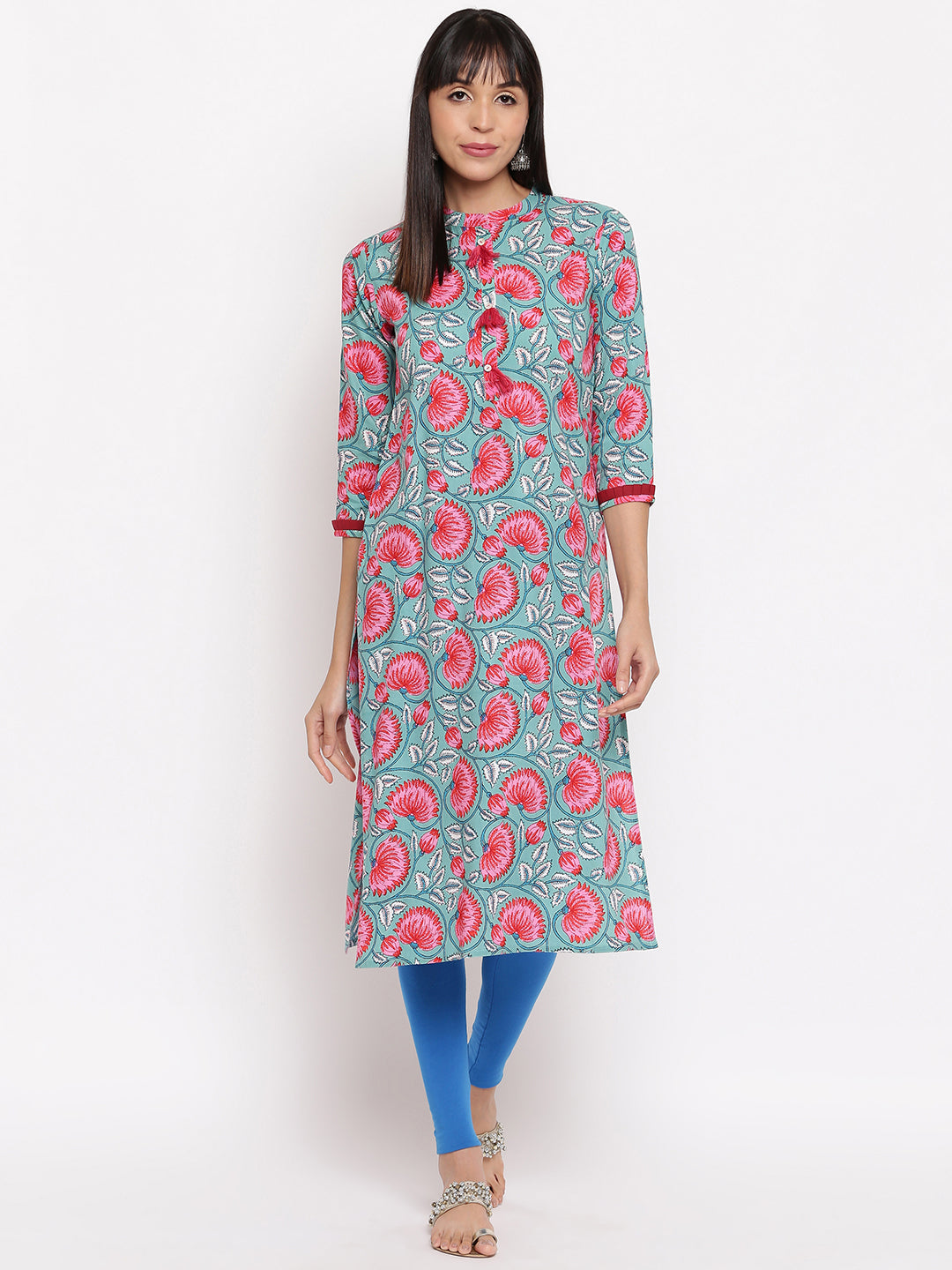 Women's Turquoise Blue Floral Print Kurti By Vbuyz- (1Pc Set)