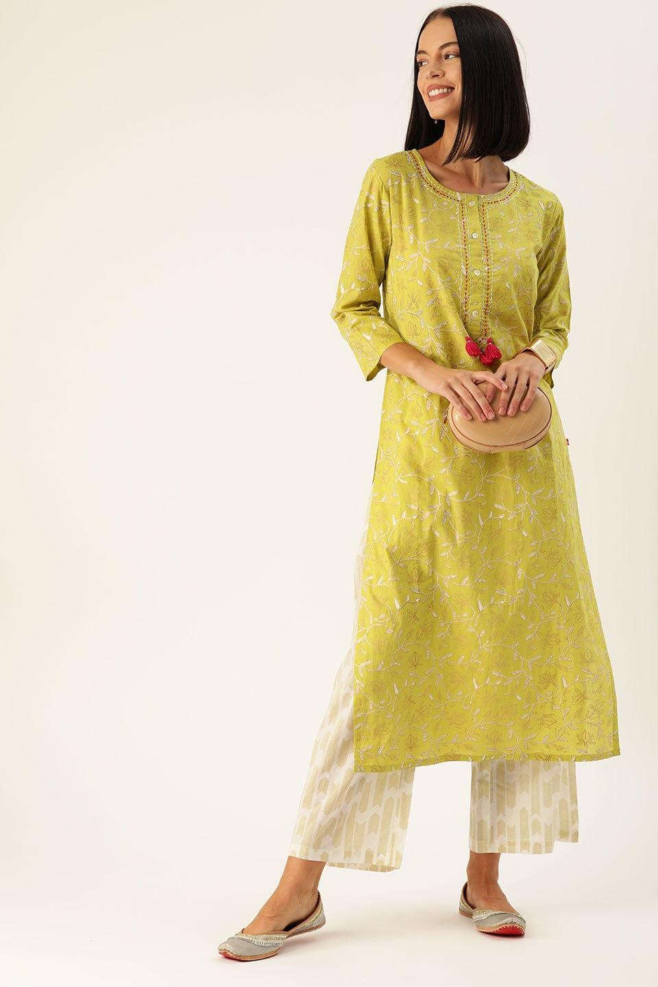 Women Lime Green & White Printed Kurta With Palazzos - Indiakreations