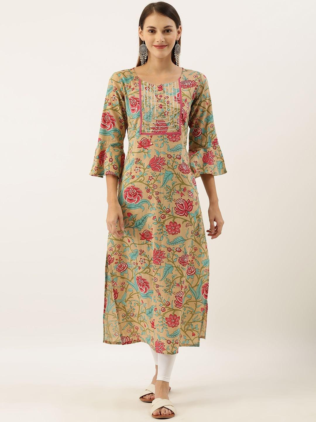 Beige & Pink Floral Printed Straight Kurta With Gotta Patti & Lace Detailing - Indiakreations