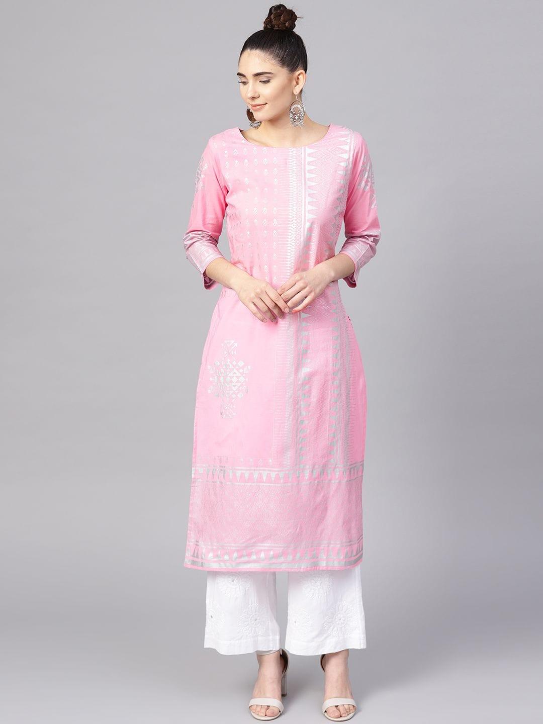 Pink Foil Print Straight Kurta - Indiakreations