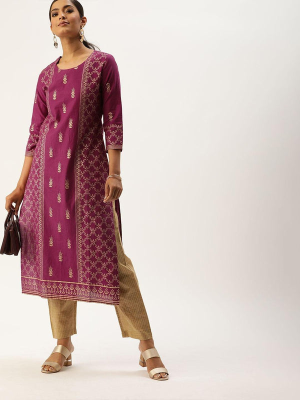 Women Magenta Pink & Gold-Toned Foil Printed Straight Kurta - Indiakreations