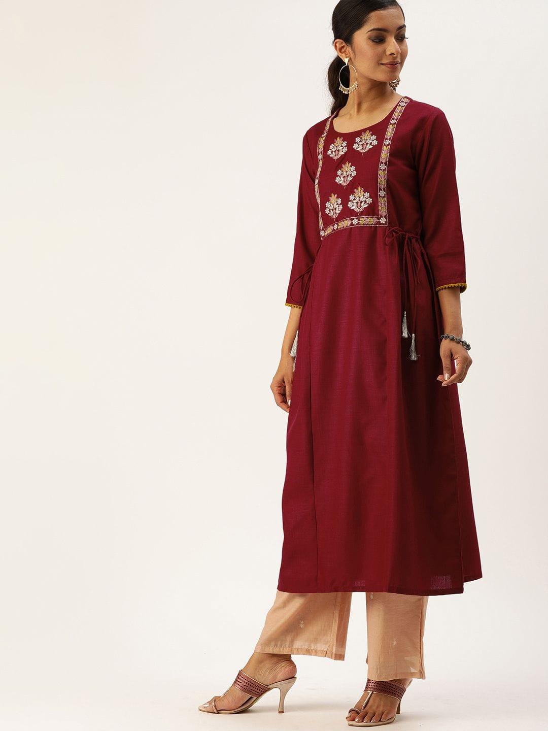 Women Maroon Embroidered A-Line Kurta With Waist Tie-Ups - Indiakreations