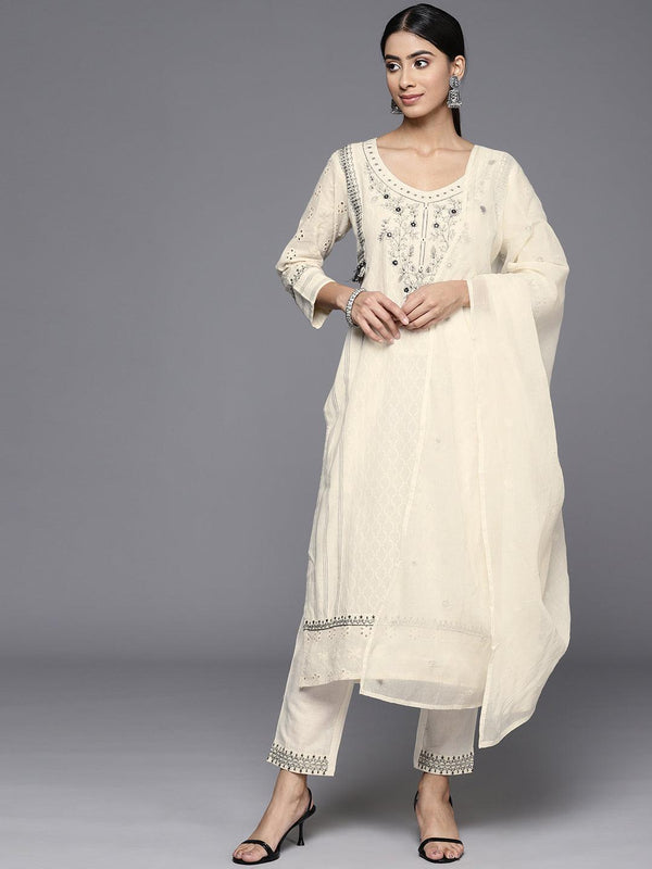 Off White Embroidered Cotton Straight Kurta With Trousers & Dupatta