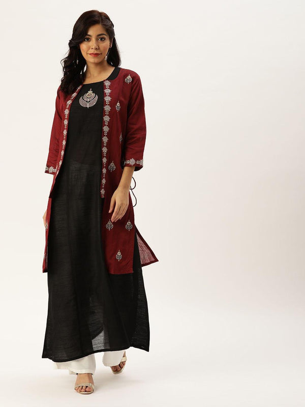 Women Black Solid A-Line Kurta With Maroon Jacket - Indiakreations