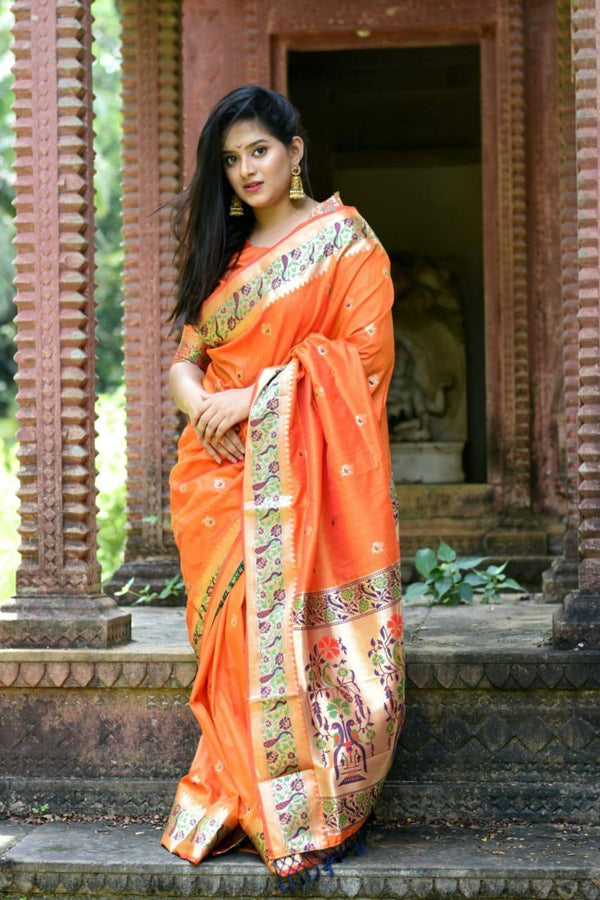 Orange Banarasi Ghicha Silk Paithani Saree - Indiakreations