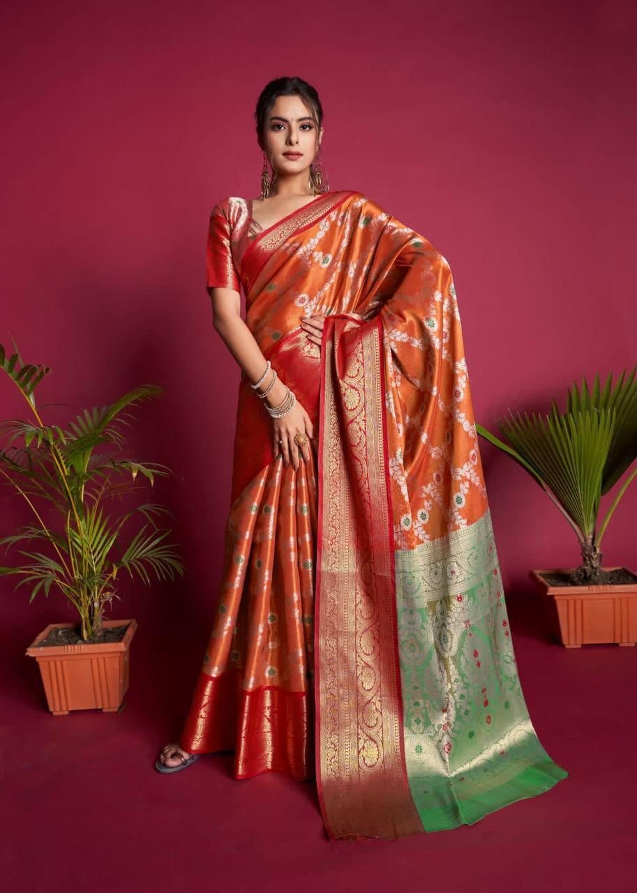 Orange Kanjivaram Silk Saree - Indiakreations