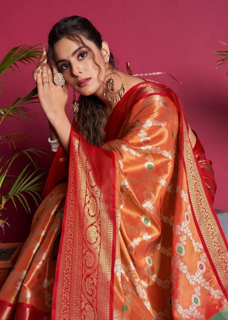 Orange Kanjivaram Silk Saree - Indiakreations