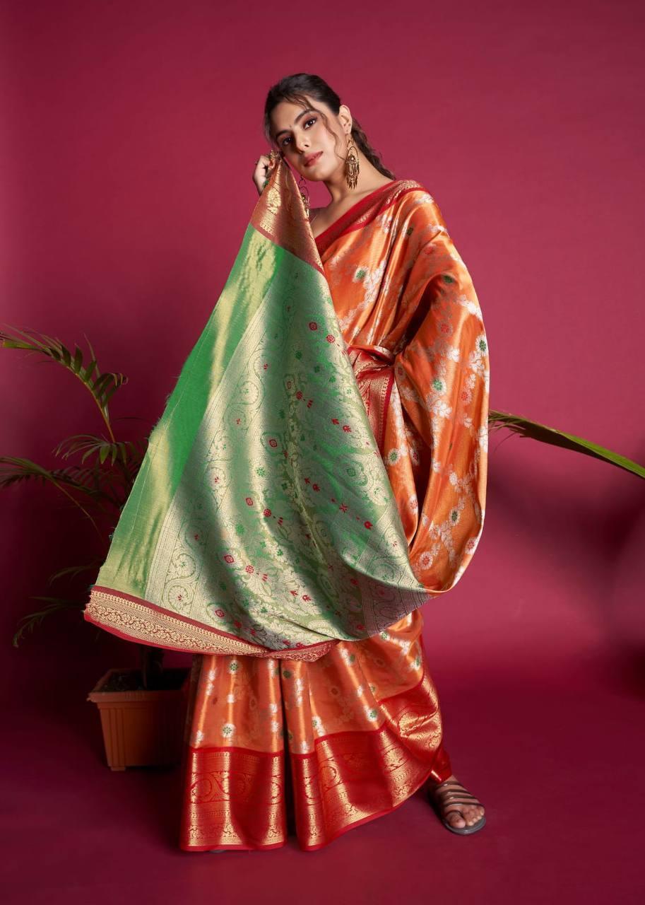 Orange Kanjivaram Silk Saree - Indiakreations