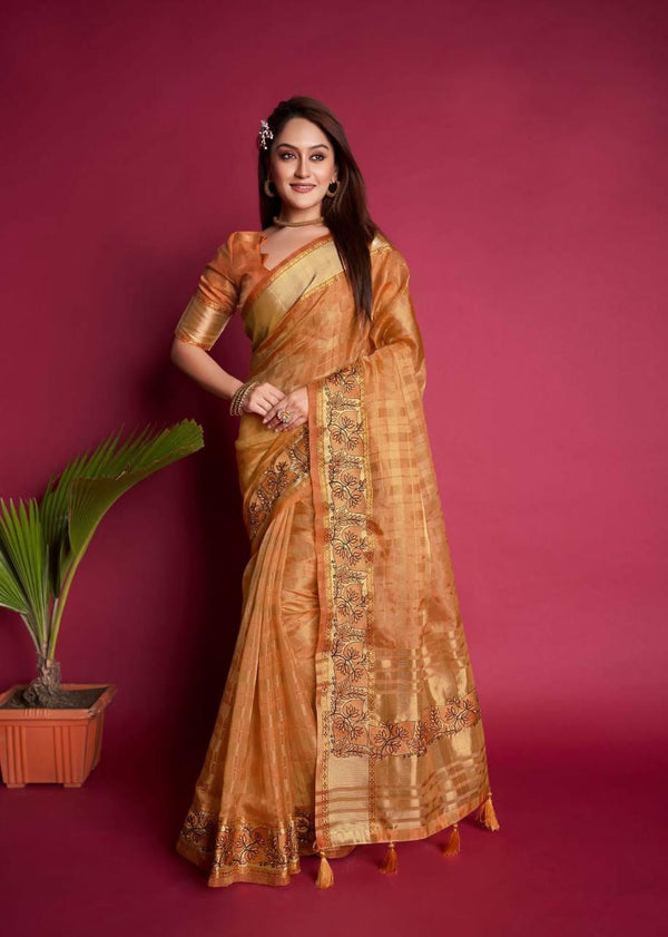 Orange Organza Silk Saree - Indiakreations