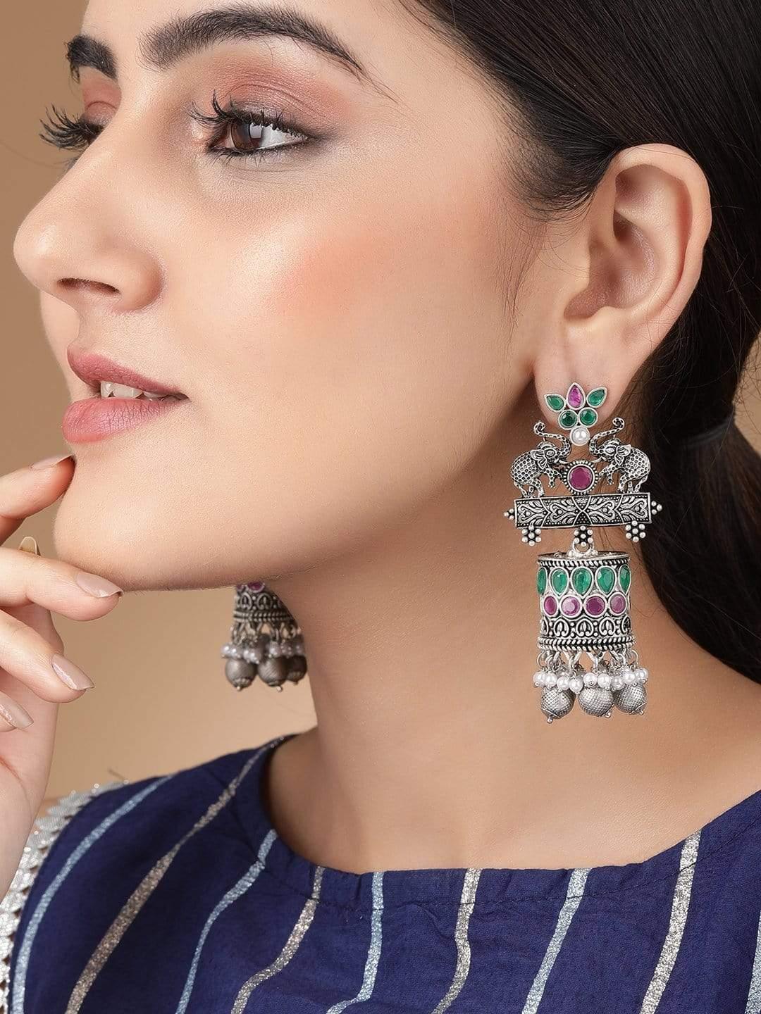 Oxidised Bottle Green and Pink Studs Cylindrical Jhumka Earrings - Indiakreations