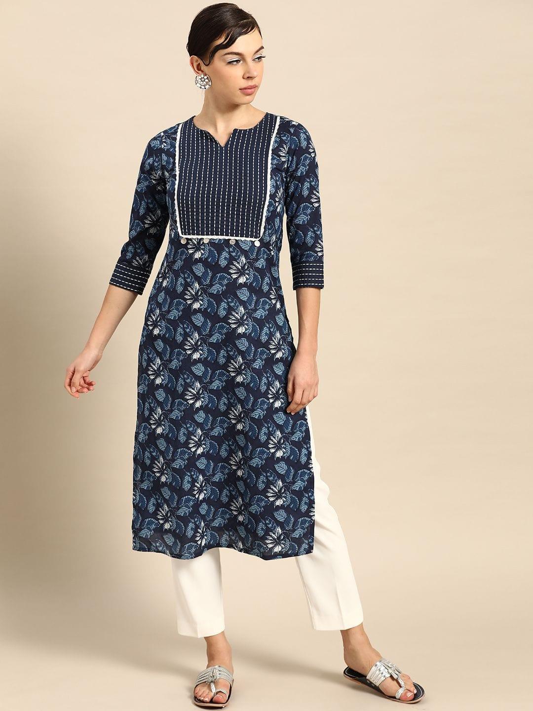 Blue & White Floral Printed Thread Work Pure Cotton Indigo Kurta - Indiakreations