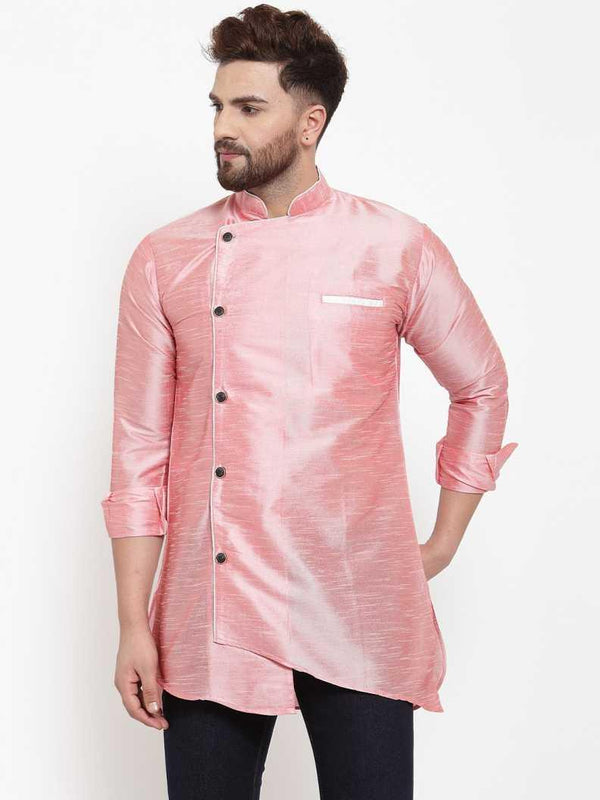 Men's Silk Blend Pink Asymmetrica Short Kurta - Benstoke - Indiakreations