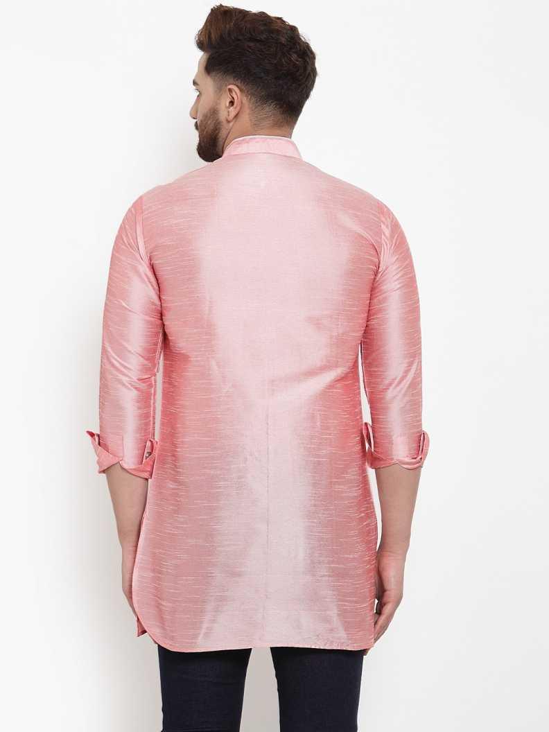 Men's Silk Blend Pink Asymmetrica Short Kurta - Benstoke - Indiakreations