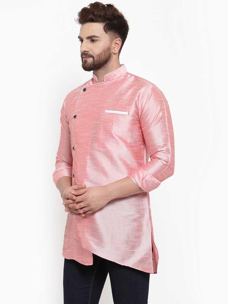 Men's Silk Blend Pink Asymmetrica Short Kurta - Benstoke - Indiakreations