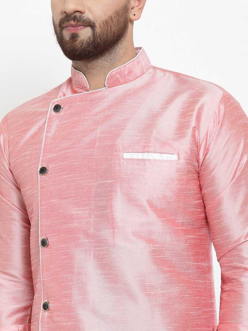 Men's Silk Blend Pink Asymmetrica Short Kurta - Benstoke - Indiakreations