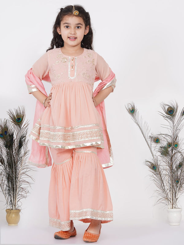 Girl's Cotton And Georgette Jaipuri Lacework And Gotta Patti Work Kurta Frock With Sharara And Dupatta - Peach - Little Bansi Girls