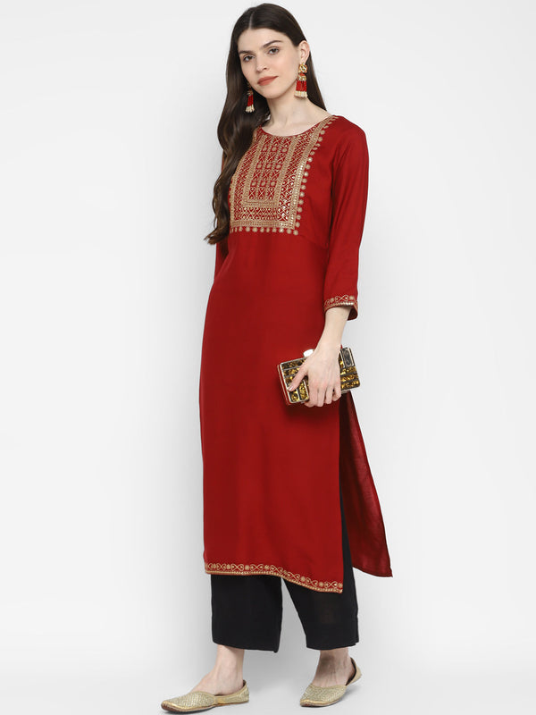 Women's Sequence & Solid Straight Rayon Maroon Kurta  (1Pc) - Vbuyz