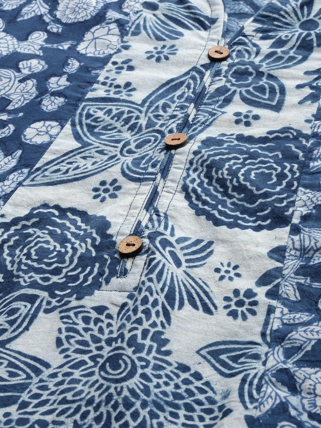 Blue & White Floral Printed Kurta - Indiakreations