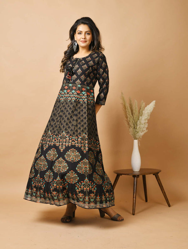 Women's Black Gold Print Anarkali kurta - KAAJH